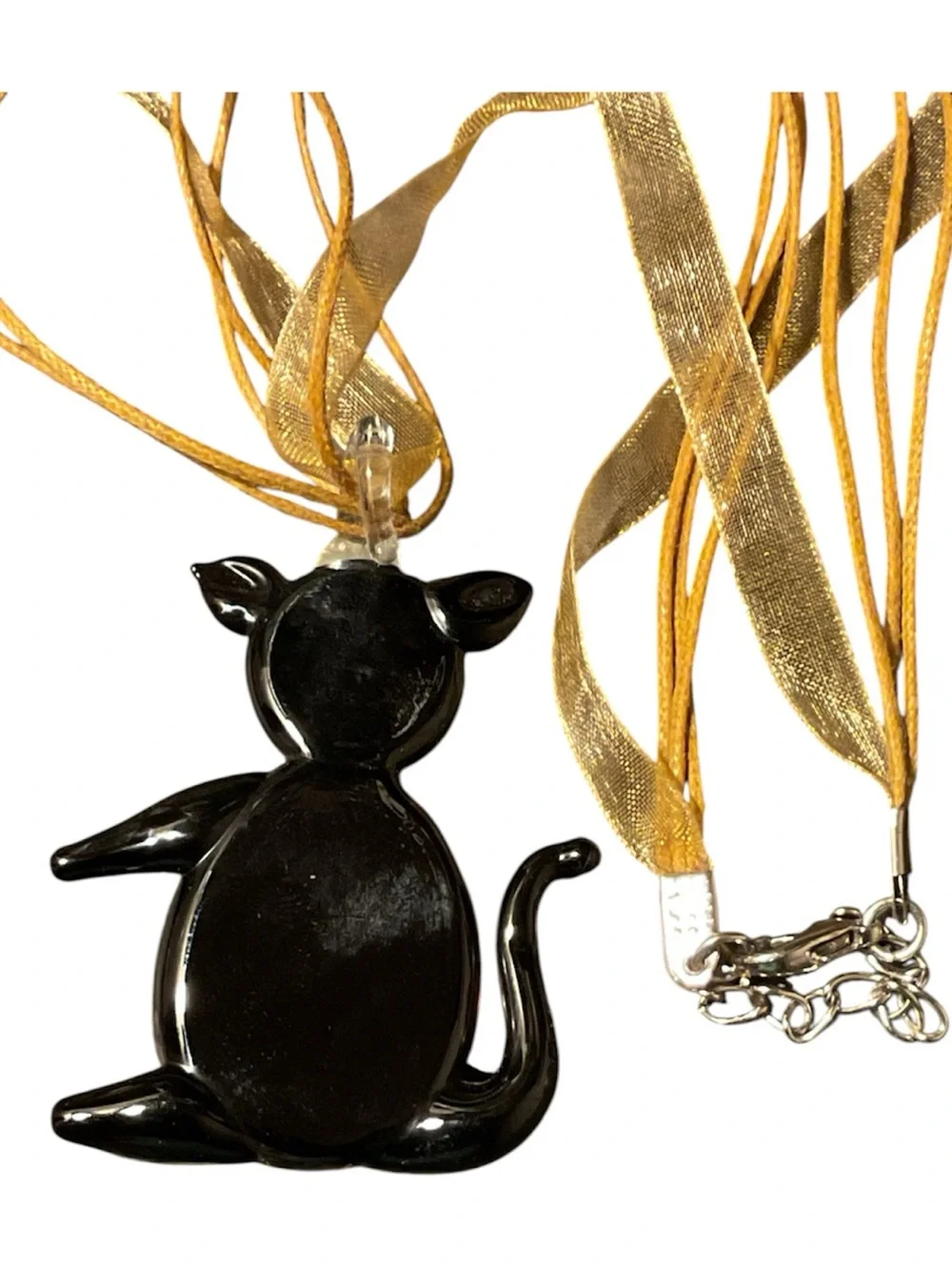 Blown Glass Black & Gold Cat Pendant Necklace